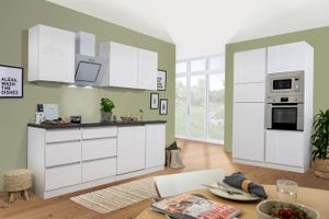 respekta Küche Küchenzeile Küchenblock grifflose Einbauküche 345 cm weiß Glanz