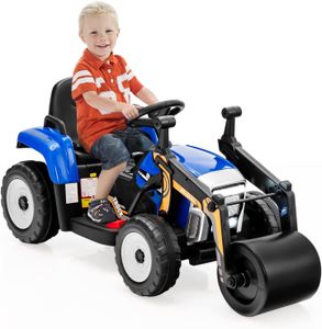 GOPLUS 12V Kinder Trettraktor mit Straßenwalze, Kinderfahrzeug mit Sanftanlauffunktion & Fernbedienung, Spielzeug Straßenwalze für Kinder ab 3 Jahren, Blau