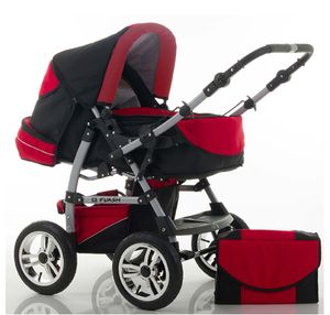 Kinderwagen-Set Flash 2 in 1 in Schwarz-Rot - 14 Teile - in 18 Farben erhältlich