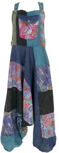 Unikat Patchwork Boho Latzhose, Bunter Jumpsuit, Overall - Blau, Damen, Baumwolle, Größe: L/XL