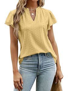 Damen Blusen Kurzarm Tunika Hemd Lose Bluse Elegant Baggy Tops Sommer Shirts Oberteile Farbe:Gelb,Größe Xl