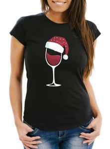 Damen T-Shirt Weihnachten lustig Weinglas mit Weihnachtsmütze Weihnachtsmotiv Fun-Shirt Moonworks® schwarz XXL