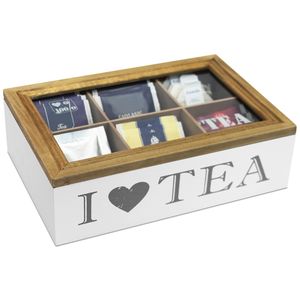 Aufberahrungskiste für Teebeutel, in sechs Fächer unterteilt, mit Sichtfenster, Holz/MDF, mit Aufschrift "I love Tea"