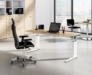 Schreibtisch U-Serie | inkl. Kabelwanne | C-Fuß | höheneinstellbar, Größe Tischplatte:120 x 80 cm, Farbe Tischplatte:Nussbaum, Farbe Gestell:Silber