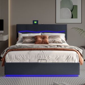 Čalouněná postel Fortuna Lai 160x200 cm, dvoulůžko pro mládež s rozhraním USB a nabíjením typu C, s LED osvětlením a lamelovým roštem, základ postele, černá barva