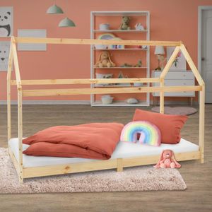 ML-Design detská posteľ so strieškou a lamelovým roštom, 90x200 cm, prírodná, z borovicového dreva