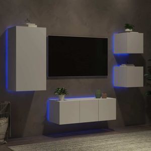 vidaXL 5-tlg. Wohnwand mit LED-Beleuchtung Weiß Holzwerkstoff