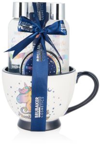 BRUBAKER Cosmetics 5-tlg. Einhorn Beauty Set Colorful Rainbow mit Vanille Lavendel Duft in XXL Kaffeebecher Blau Weiß