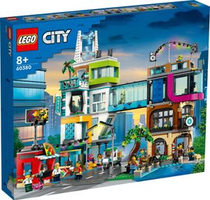 LEGO 60380 City Stadtzentrum Set, Modellbausatz, Spielzeug mit Spielzeugläden wie Friseur, Tierarzt, Hotel und Dachdisco mit Minifiguren und Straßenplatten, Geschenk zum Geburtstag für Kinder