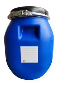 kanister-vertrieb® 30 Liter Deckelfass, Kunststofffass, Futtertonne, Fass, Weithalsfass Farbe blau mit Griffmulde inkl. Etikett (30 DGM)