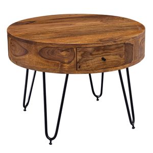 WOHNLING konferenční stolek Sheesham masivní dřevo / kov 60x44,5x60 cm stolek do obývacího pokoje, designový stolek se zásuvkami, malý obývací stůl kulatý hnědý