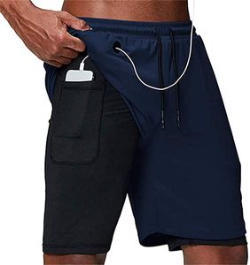 ASKSA Herren Sport Shorts 2 in 1 Running oder Gym Schnell Trocknend Atmungsaktiv Training Shorts Jogger Hose mit Eingebauter Tasche (Navy,XL)