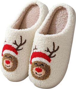 ASKSA Weihnachten Rentier Hausschuhe Winter Pluesch Pantoffeln Hausschuhe Warme Slippers, Braun, Groesse: 44-45