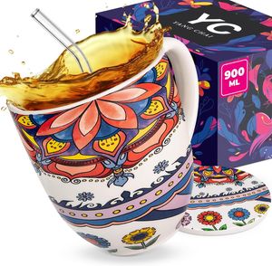 YC YANG CHAI Jumbotasse 900ml - große Teetasse aus Knochen Porzellan - XXL Tasse Geschenkset mit Untersetzer - YC Tranquility