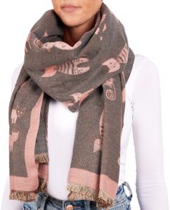 BRUBAKER Cashmirillo Damen Schal mit Katzen Muster - 70 x 200 cm - Wollschal für Herbst und Winter - Weiches Kaschmir-Gefühl, Rosa und Grau