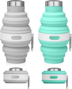 2 Stück Faltbare Trinkflasche, Faltbare Wasserflasche mit Karabiner 500 ml, Tragbare Silikon Reise Trinkflasche BPA Freie Faltbare Getränkeflasche mit Anti-Kollaps-Ring für Outdoor Sport Campin