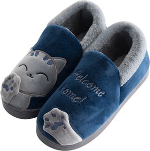ASKSA Damen Herren Pluesch Baumwolle Hausschuhe Damen Herren Winter Warme Gefuettert weiche Pantoffeln mit Cartoon Katze rutschfeste Slippers Hause Indoor, Dunkelblau, Groesse: 38-39