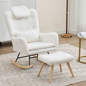 MODFU Schaukelstuhl Polsterstuhl  Relaxsessel Freizeitstuhl Liegestuhl mit Armlehnen&Fußbank，Relaxstuhl, Teddysamtstoff,Lendenkisse,Weiß