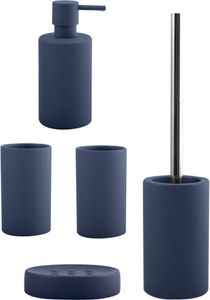 spirella Badezimmer Set, 5-teiliges Badzubehör aus Keramik Tube, Seifenspender, WC Bürste, Seifenschale und 2x Zahnputzbecher Blau matt