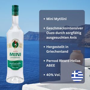 Ouzo Mini Mytilini 6x 0,7l 40% Vol. | Der beliebte Ouzo aus Lesbos | + 20ml Jassas Olivenöl