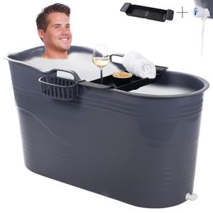 HelloBath® Mobile Badewanne für Erwachsene XL -  Ideal für das kleines Badezimmer - 122x55x64cm - Stylisch (Cool Grau) - Inklusive Badewannenablage