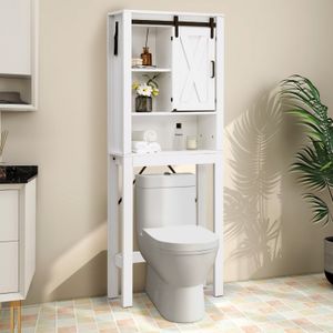 COSTWAY Toaletní skříňka s posuvnými dveřmi a nastavitelnými policemi se 3 přihrádkami, dřevěná toaletní polička, volně stojící koupelnová polička, skříňka nad vanu, bílá polička na pračku