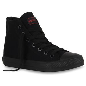 Mytrendshoe Damen High Top Sneakers Sportschuhe Kult Schnürer 94589, Farbe: Schwarz Schwarz Lucky, Größe: 41