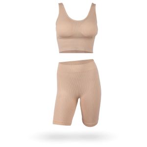 Figurformende Miederhose und Komfort BH mit Push Up "ohne Bügel" im Set ( Beige / M ) Stretch High Waist Shaping Hose mit Langbein - Bralette Bustier Yoga BH