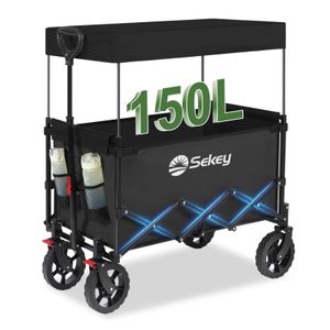 Sekey Bollerwagen faltbar mit Abnehmbare Dach & Bremse Gartenwagen Handwagen klappbarer Belastbar bis 150 kg für Ausflug Strand Camping  Schwarz