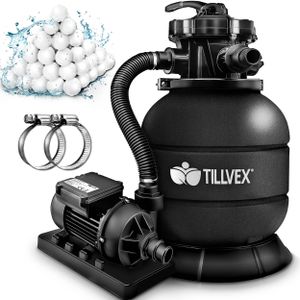 tillvex® Sandfilteranlage Pool 7.900L/h inkl. 400g Filterbälle schwarz | Filteranlage 7-Wege Ventil & 2in1 Adapter Ø32mm - 38mm | Poolfilter mit Druckanzeige | Sandfilter für Schwimmbecken