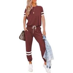 Damen Kurzarm Pyjama Trainingsanzug Set Sport Gym Lounge Wear Tops+Hosen,Farbe:Rot,Größe:L