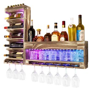 Yorbay Weinregal mit LED-Licht Palette Beflammt Holz, Wandbar mit Korkhalter, für Weingläser,Whiskygläser,Flaschenhalter Hausbar,Vintage, Geschenk