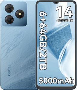 OSCAL FLAT 2C Smartphone ohne Vertrag, 6.56" Android 14 Handy, 6(2+4)GB RAM+64GB ROM/2TB, HD+ Display, 5000mAh Akku, 13MP Kamera, 4G Dual SIM, Blau