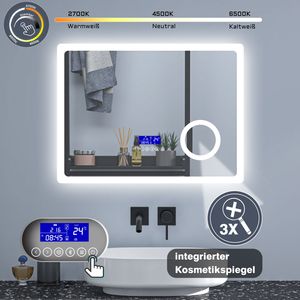 LED Badspiegel mit Bluetooth 80×60 cm 3 Lichtfarbe dimmbar Wandspiegel mit Uhr, Touch, Beschlagfrei, 3-Fach Schminkspiegel IP44 energiesparend