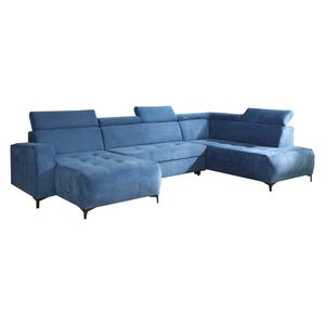 GRAINGOLD U-Form Sofa Martins - Eckcouch mit Verstellbare Kopfstützen und Schlaffunktion, Ottomane rechts freistehend - Ecksofa Blau