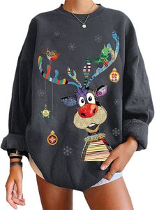 Damen Sweatshirts Weihnachtspulli Weihnachten Elch Langarm Winter Pullover Loses Pulli Top Dark Grey,Größe:L