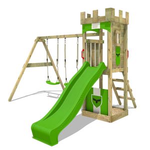 FATMOOSE Spielturm Klettergerüst TreasureTower mit Schaukel & Rutsche, Kletterturm mit Sandkasten, Leiter & Spiel-Zubehör - apfelgrün