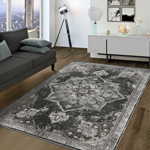 Wohnzimmer Teppich Kurzflor Mandala Style Umrandung Marokkanisches Design Used Look, Farbe: Grau Schwarz Creme, Größe:160x220 cm