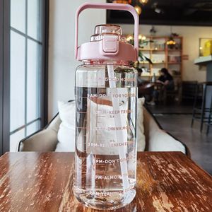 2L Trinkflasche Sportflasche Wasserflasche Getränkeflasche Trinkflasche mit Strohhalm,Zeitmarkierung Transparent (Rosa)