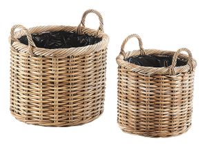 Kobolo Pflanzkorb Übertopf rund aus Rattan mit Folie und Griffen in kubu grey grau im 2er Set