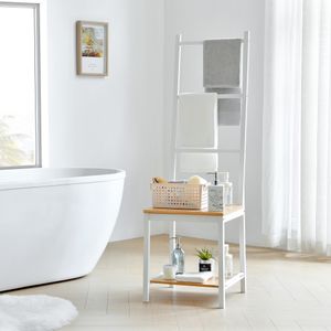 Herrendiener Juuka 133x40x42 cm Kleiderablage mit Stuhl Handtuchhalter Kleiderstuhl Freistehend Groß  für Schlafzimmer Garderobe Bambus Weiß