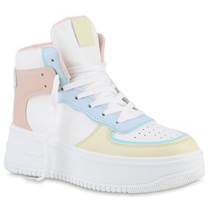 VAN HILL Damen Plateau Sneaker Keilabsatz Schnürer Schnür-Schuhe 840095, Farbe: Weiß Rosa Hellgelb, Größe: 38