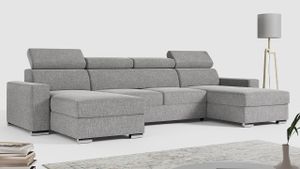 MKS MEBLE Ecksofa mit Schlaffunktion und Bettkasten, Wohnlandschaft U-form, Sofa mit Schlaffunktion - FOX-U - Hellgrau