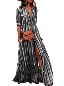 Damenhalb Ärmeln Sundress Summer Stripe Print Kleid Casual Lapel Shirt Kleid,Farbe:Schwarz,Größe:M