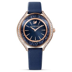 Náramkové hodinky Swarovski Crystalline Aura Hodinky s koženým řemínkem Blue Rose Gold Alloy Layer PVD Finish 5519447