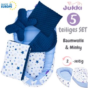 JUKKI® Baby Nestchen ✨ 5tlg MINKY SET für Neugeborene [Milky Way & Blau Minky] 2seitig Babynest + Matratze + Decke + 2xKissen