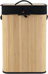 Wäschekorb mit Deckel schwarz, Wäschesammler-Wäschesortierer faltbar aus Bambus, Wäschebox-Wäschetonne mit seitlichen Tragegriffen, Wäschekörbe für Bade-, Schlaf-, Kinderzimmer