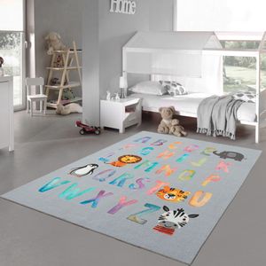Kinderteppich mit Buchstaben Alphabet in bunten Farben grau Größe - 160x220 cm