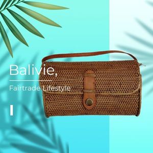 Balivie - Tasche - Umhängetasche - Ladies' Crossbody - Clutch - Braun - Rattan - Druckknopfverschluss - Ledergriff - Batik Innenfutter - L19xB7xD12cm