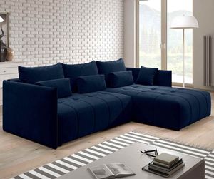 FURNIX Yalta Eckcouch L-Form  Couch Sofa Schlafsofa mit Schlaffunktion Bettkasten und Kissen modern Blau Marine MH 77